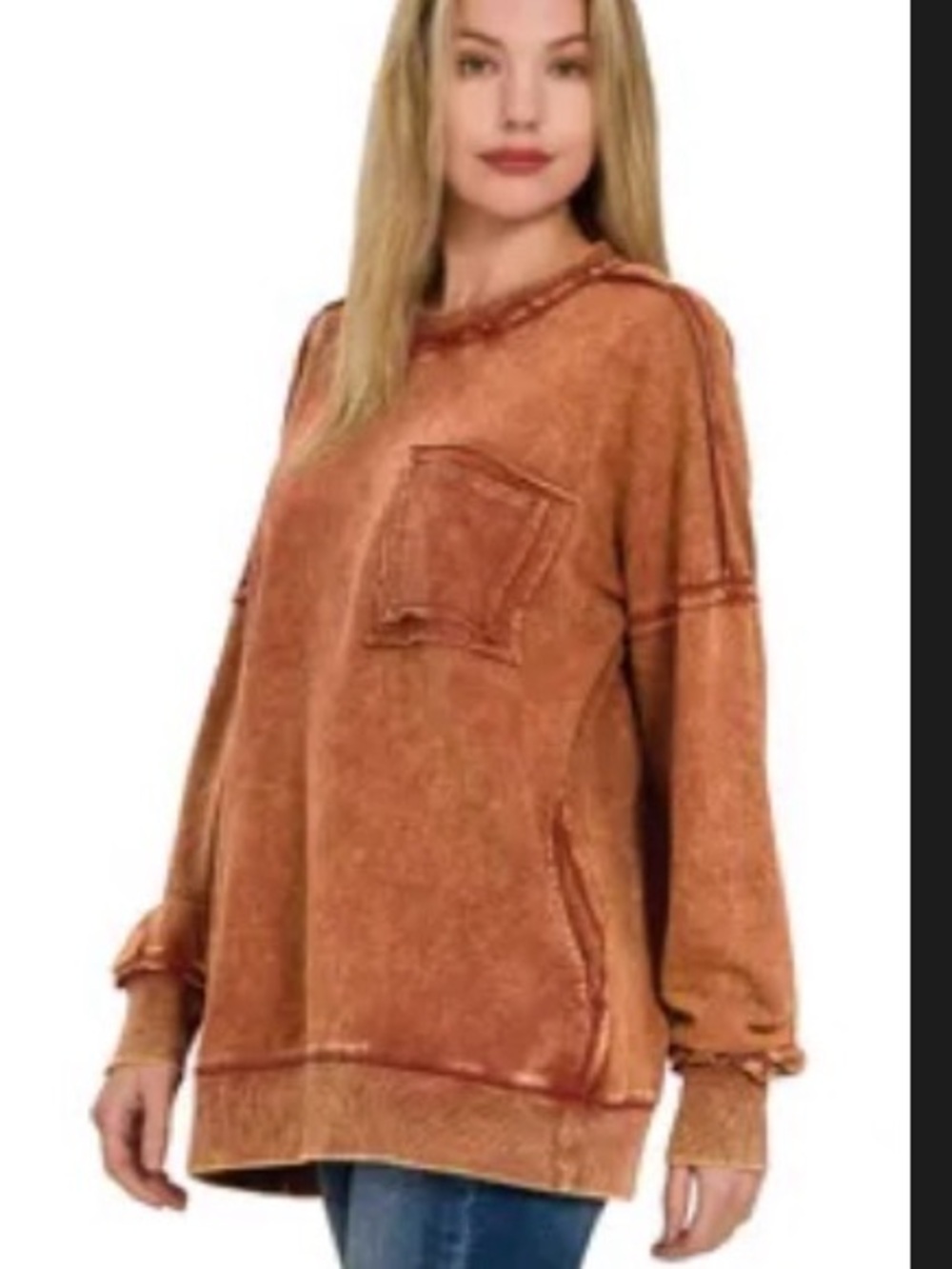 Zenana Washed Rust Pocket Pullover Sweatshirt